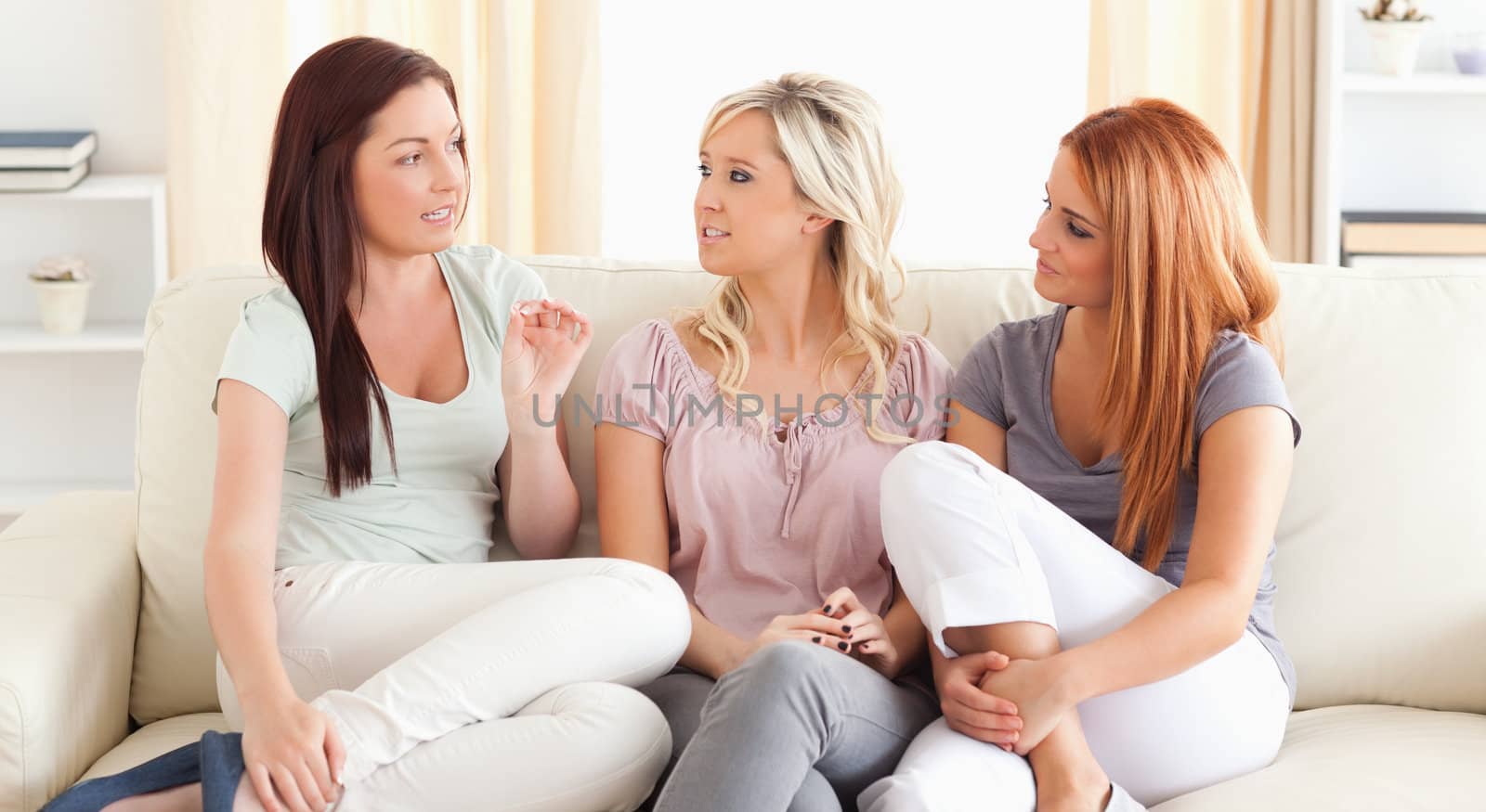 Chatting friends sitting on a sofa in a living room