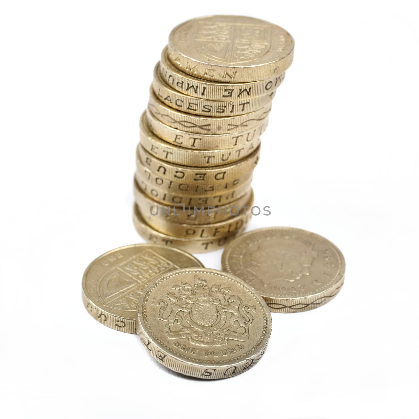 One Pound coins on a white background.