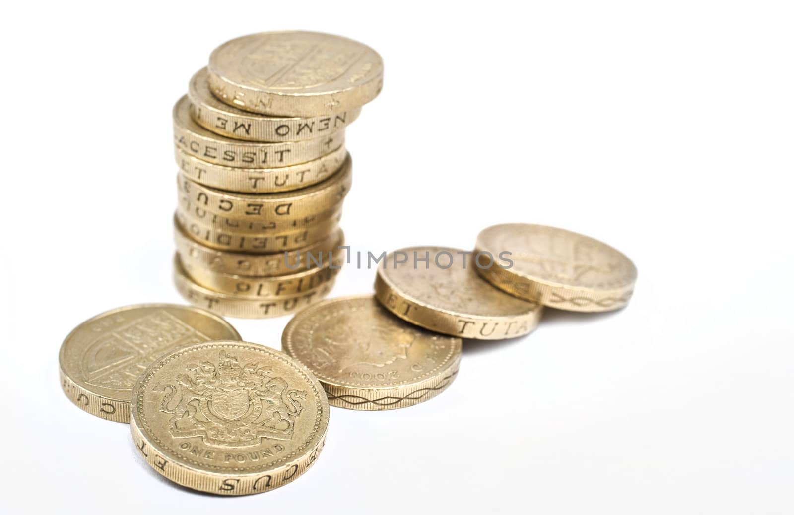 One Pound coins on a white background.