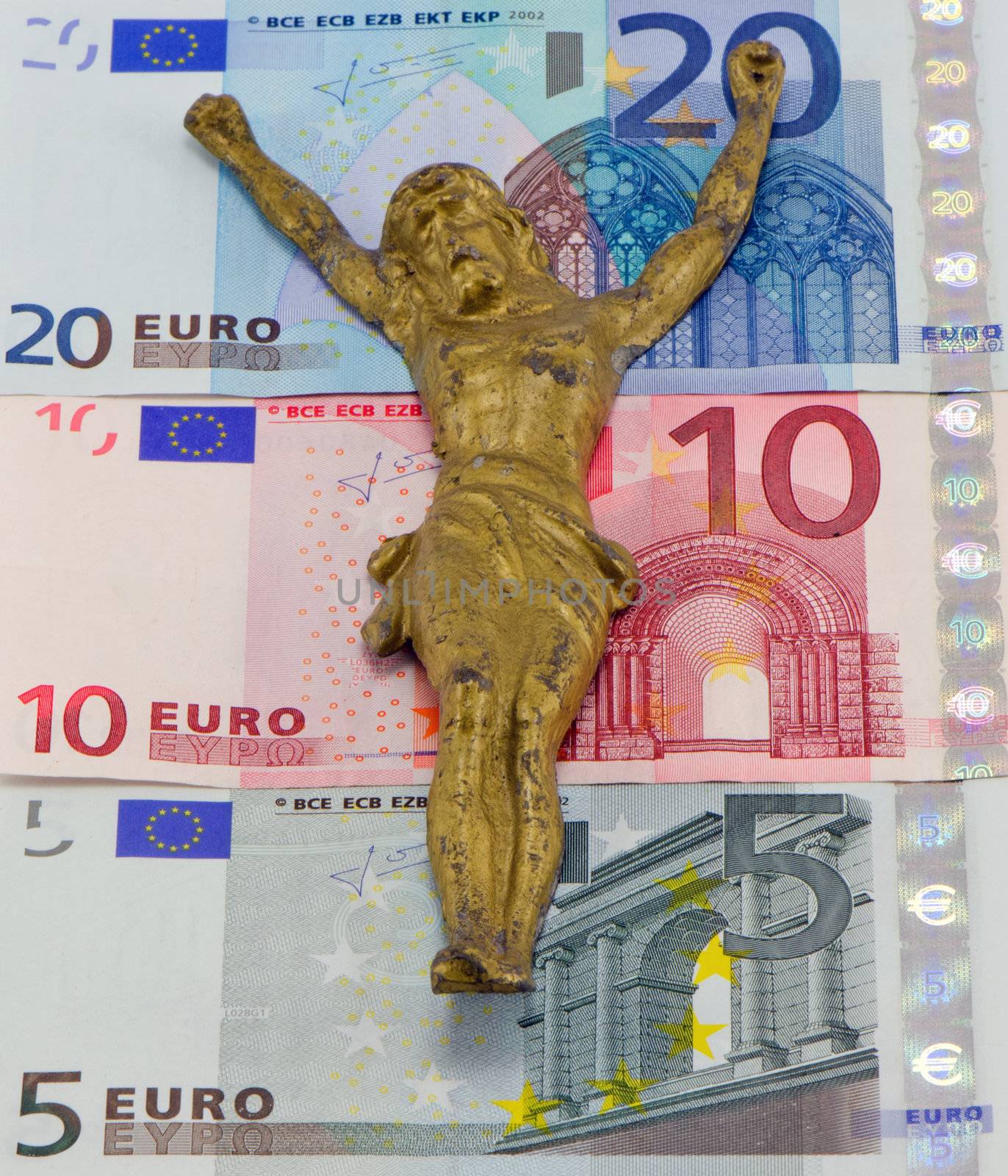 concept gold jesus crucify on euro banknotes by sauletas