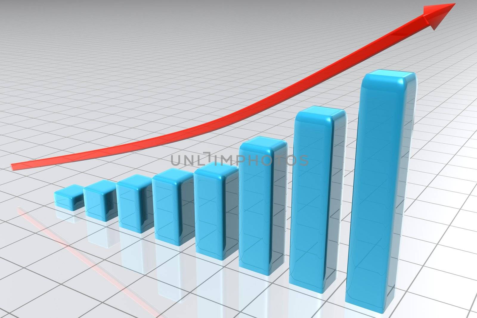 Illustrated bars building s statistic with an arrow above them