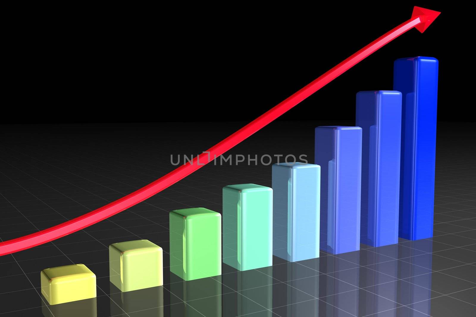 An arrow is going over colorful rising bars