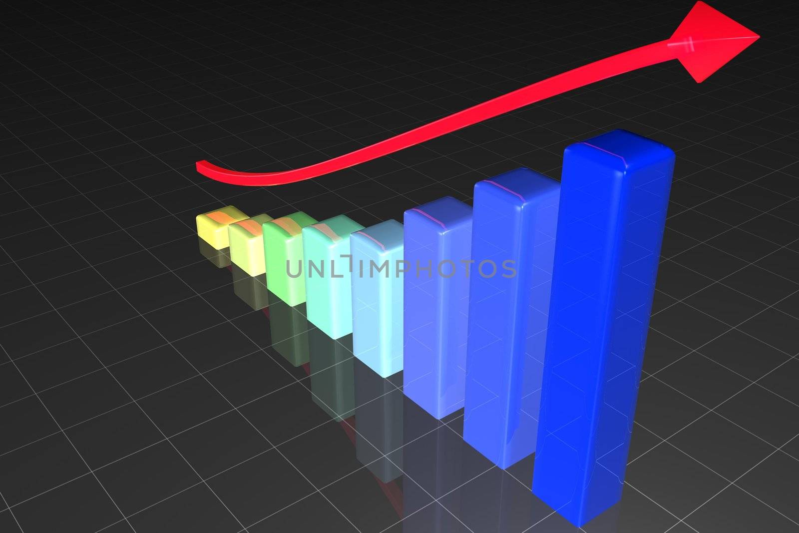 Red arrow is going over colorful rising bars