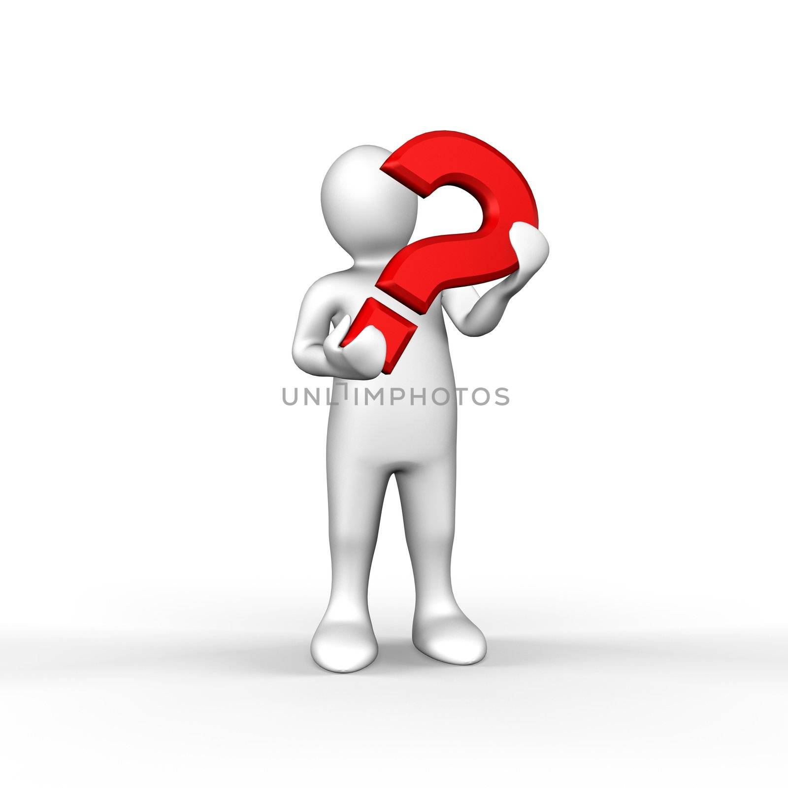 An illustrated white figure holding a red question mark