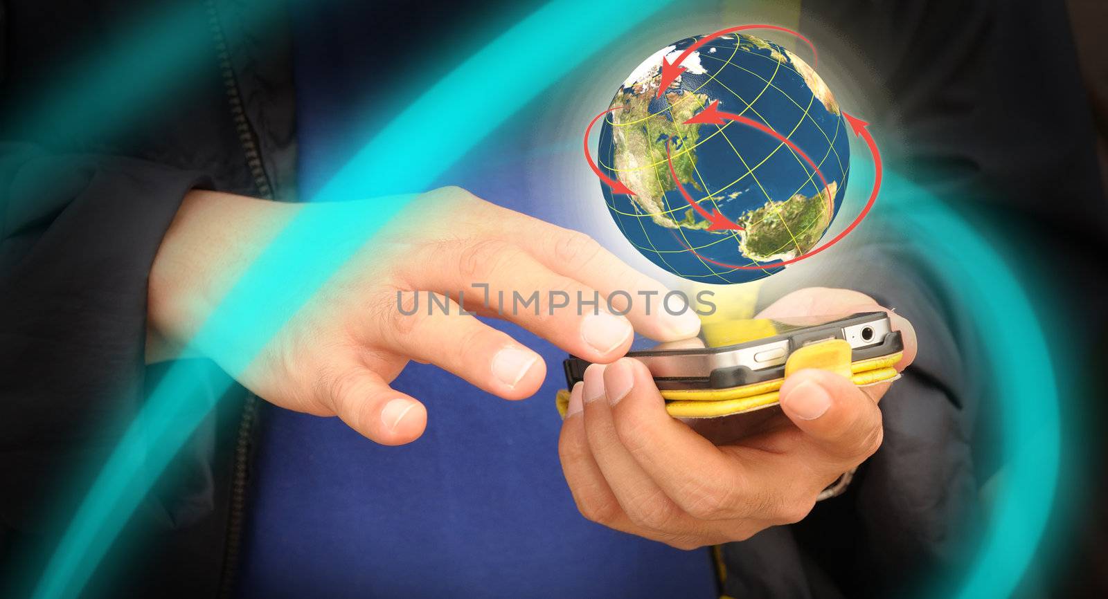 Male Hand touch screen of mobile phone world network.  Element of this image furnished by NASA.