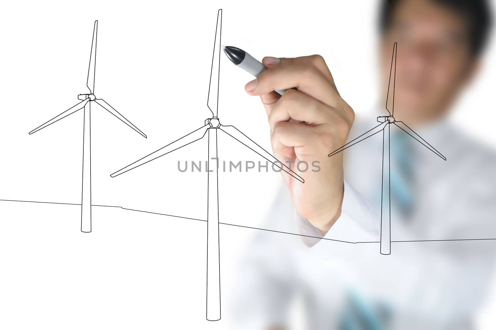 Hand of Business Man Draw Turbine Power Generator by thampapon