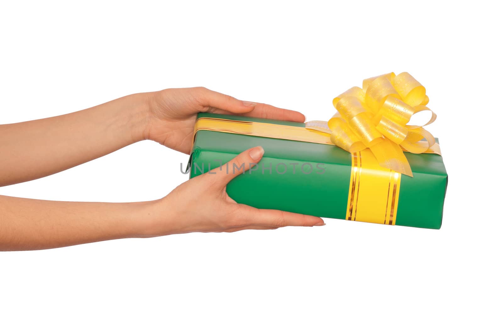 woman giving a green box with yellow ribbon as a gift