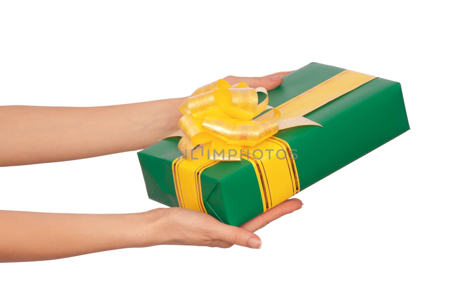 woman giving a green box with yellow ribbon as a gift