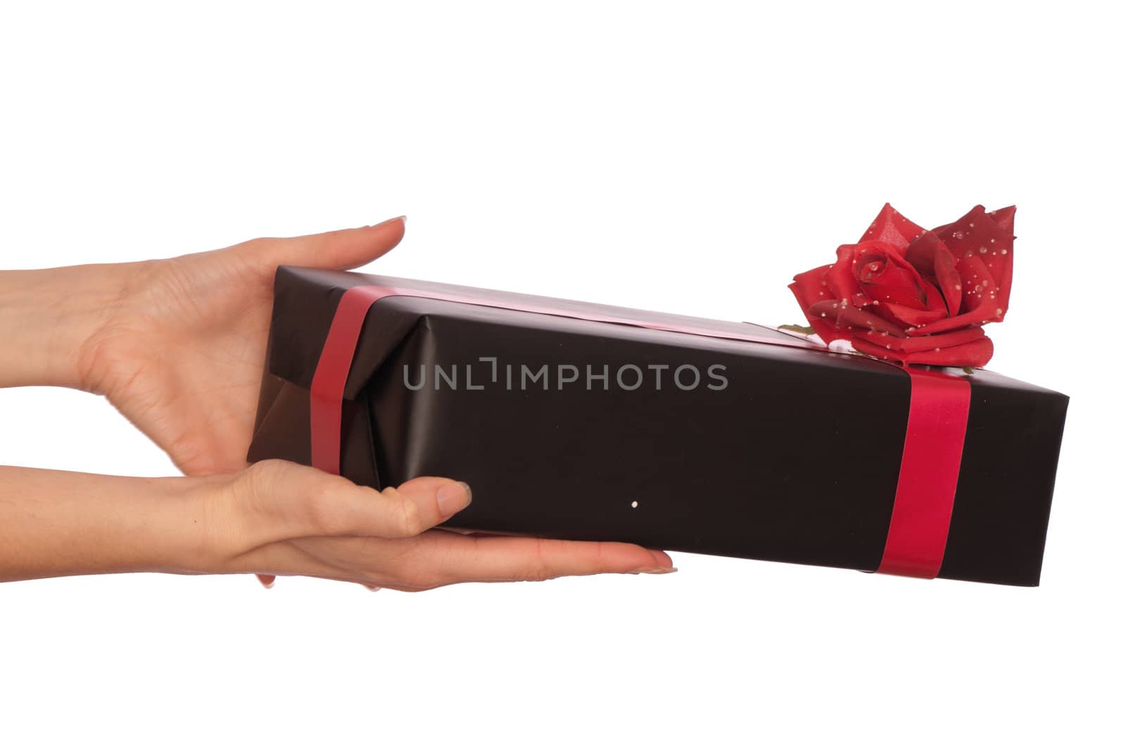woman giving a black box with red rose as a gift