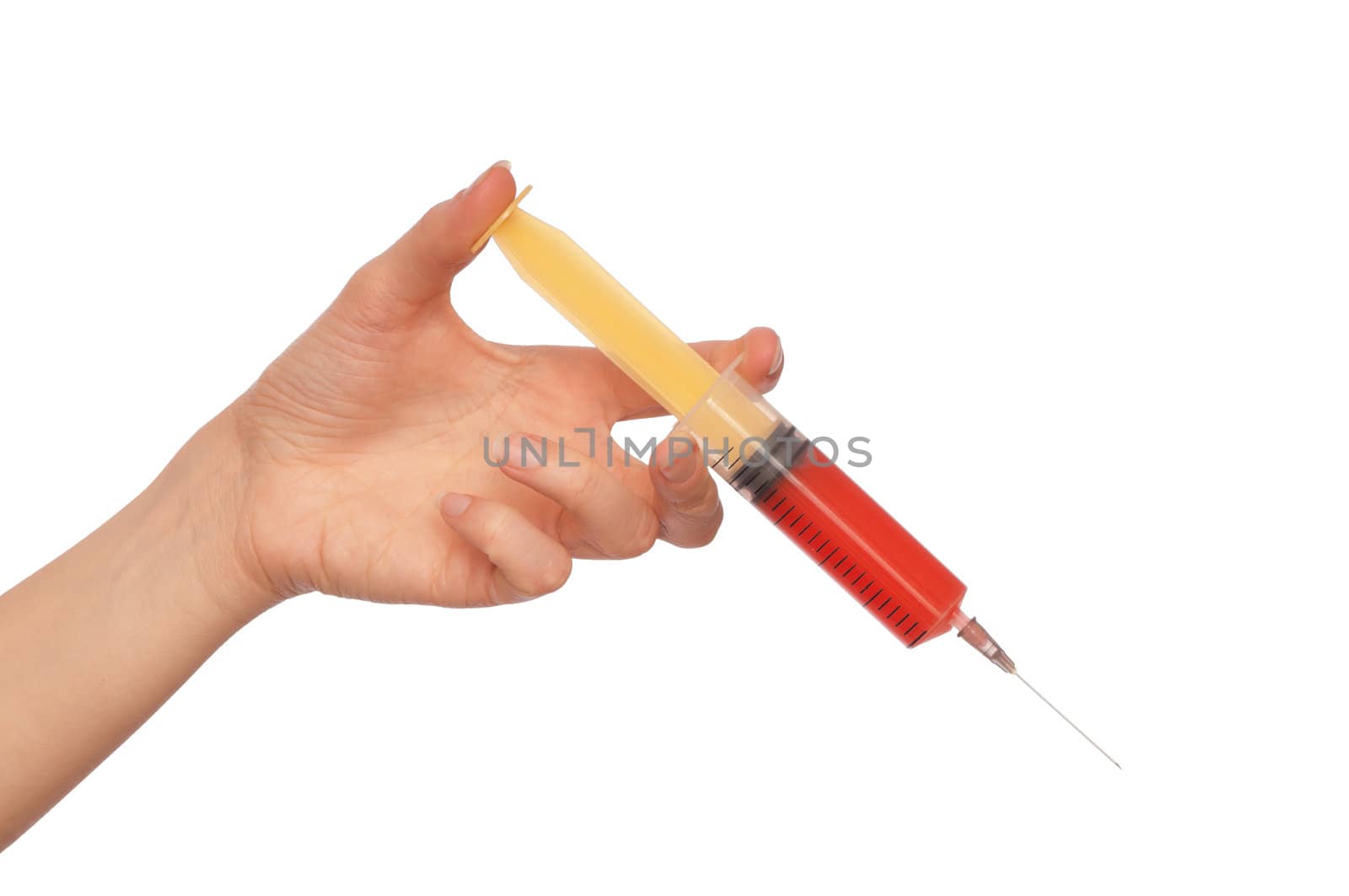 Woman use syringe with a new synthetic hard drugs mixed with blood for escape from reality