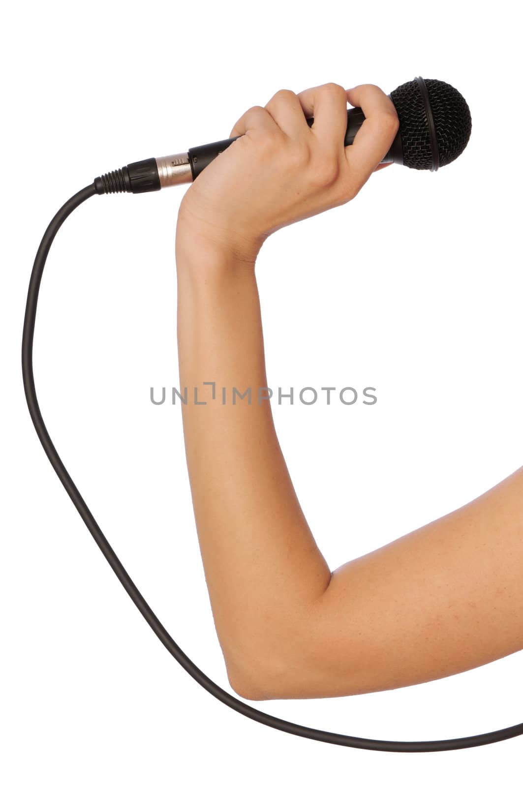 woman holding big black microphone for singing