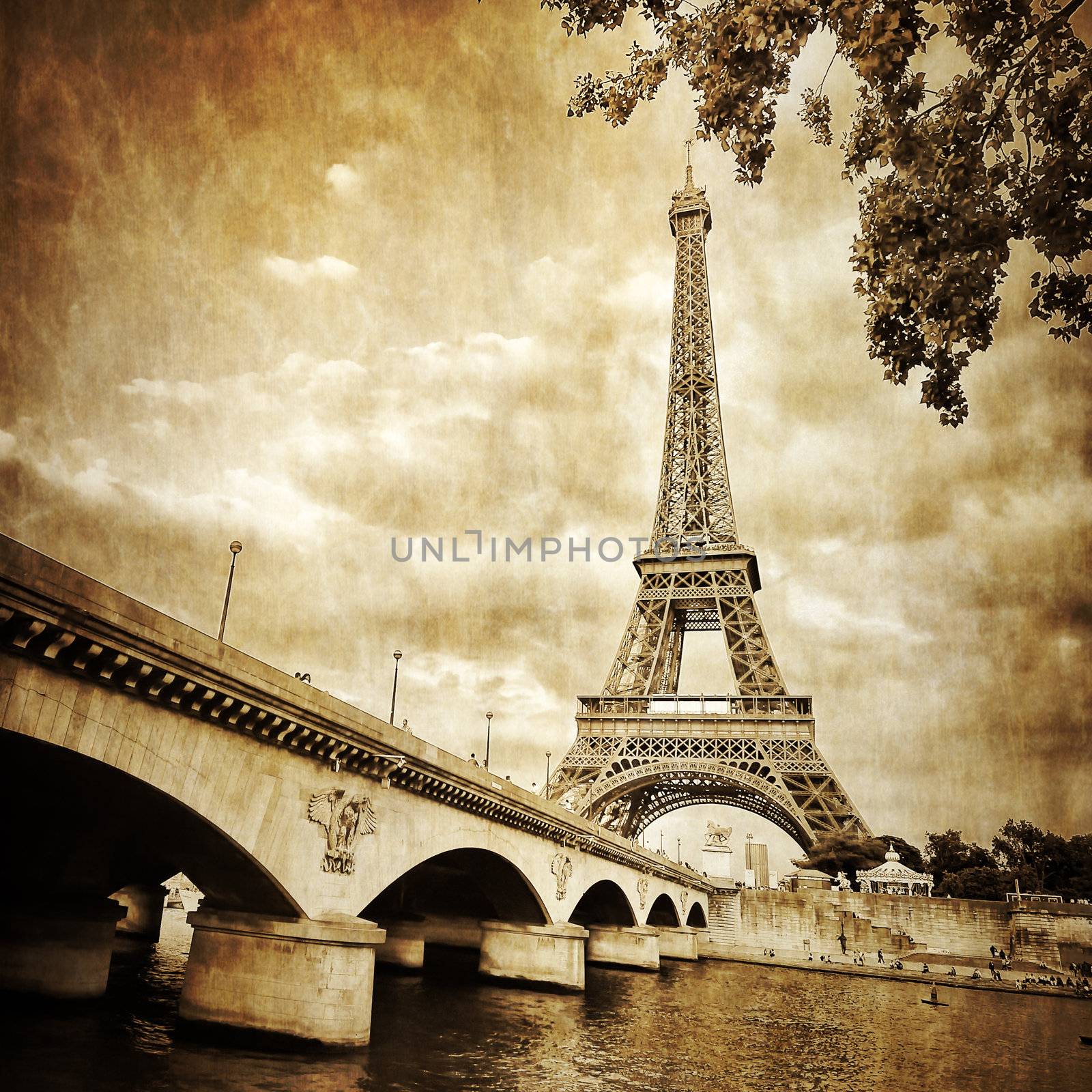 Eiffel tower monochrome vintage view with bridge, Paris, France