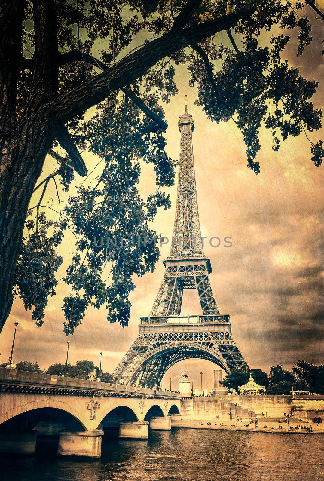 Eiffel tower vintage retro with tree and bridge, Paris, France