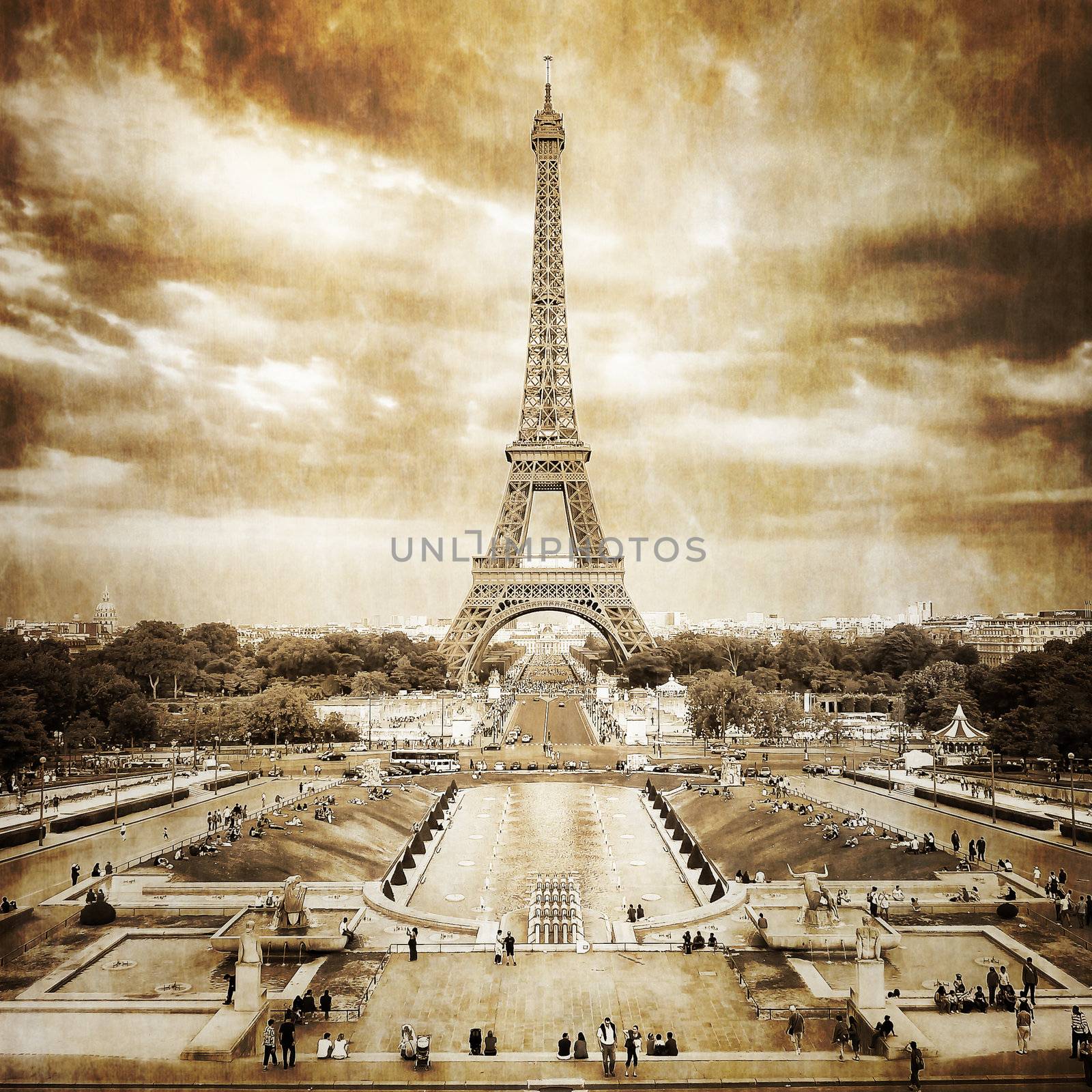 Eiffel tower view from Trocadero square, vintage by martinm303