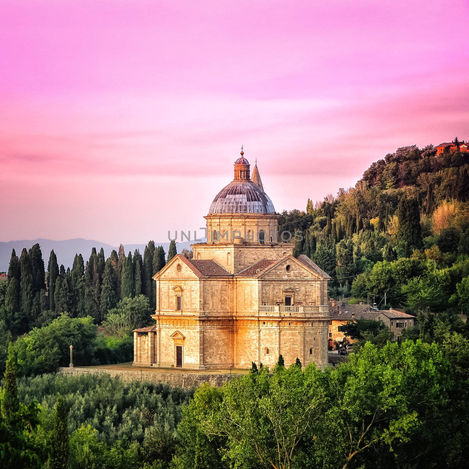 San Biagio cathedral at colorful sunset, square format, Montepulciano, Italy