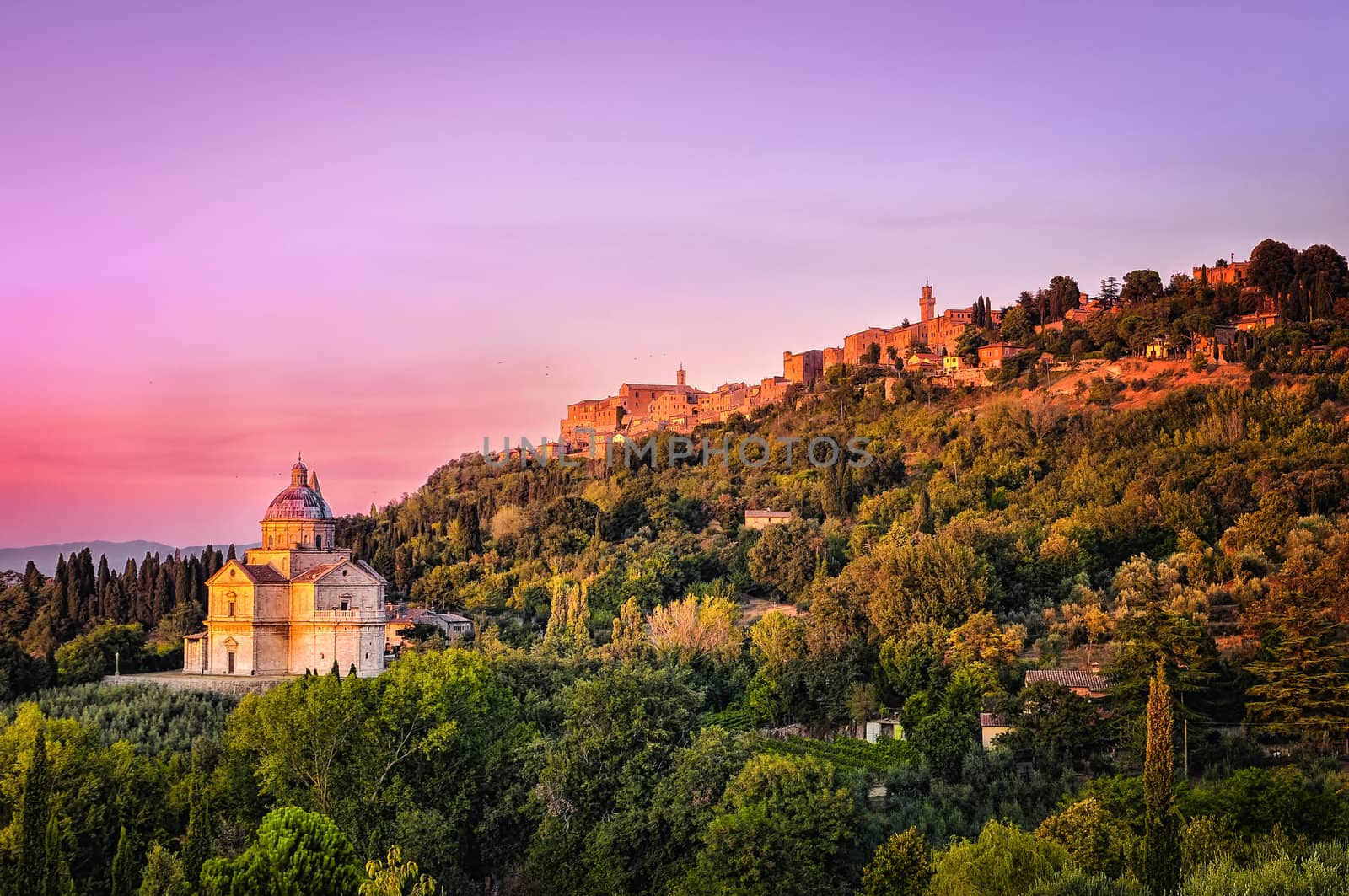 San Biagio cathedral at colorful sunset, Montepulciano, Italy