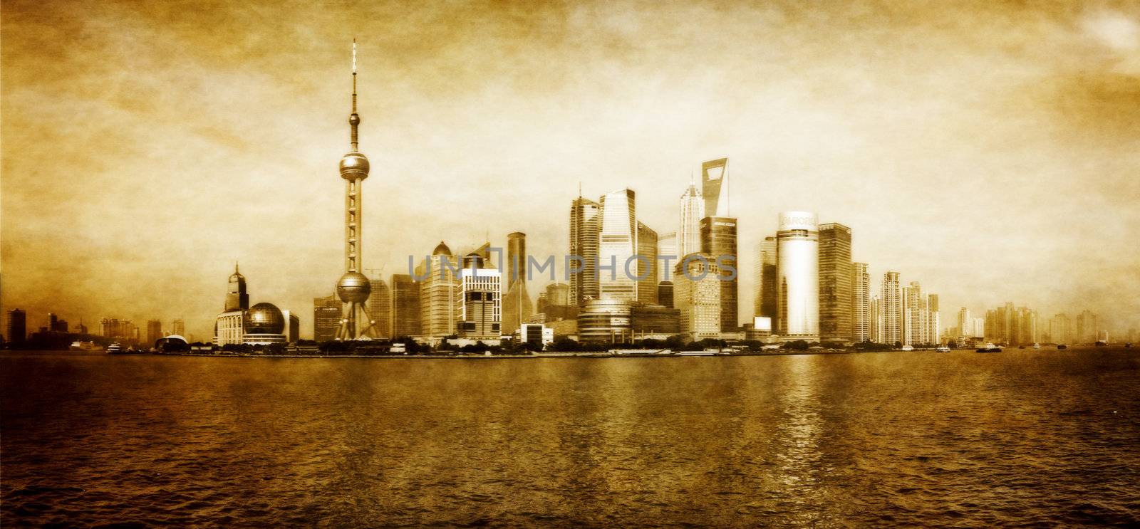 Shanghai cityscape vintage retro panorama, Shanghai, China