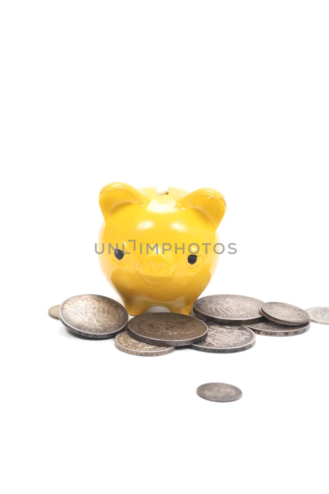 yellow piggy bank with very old coins............