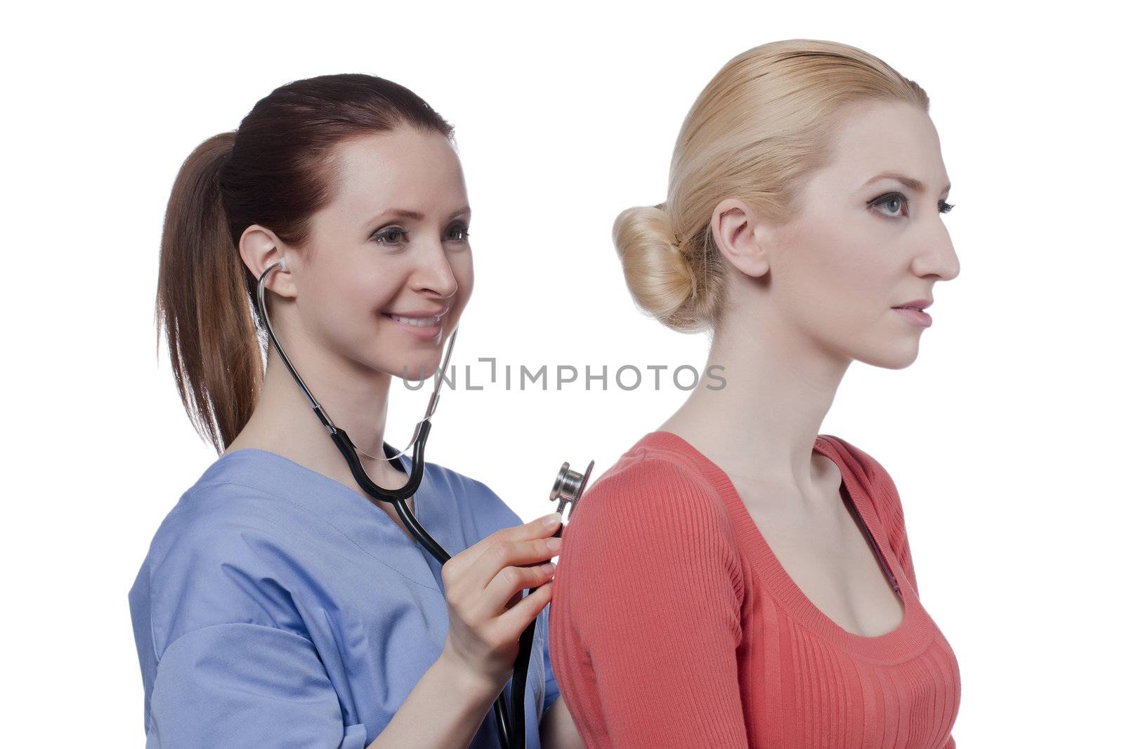Image of doctor with her patient against white background 