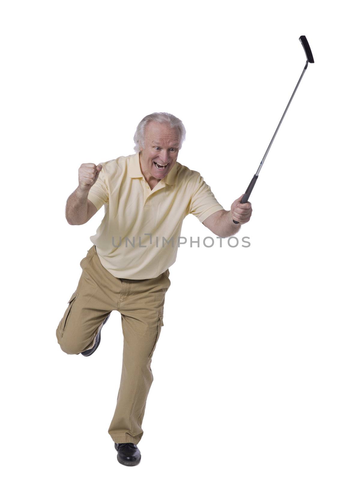 Portrait of happy old golfer isolated on white background
