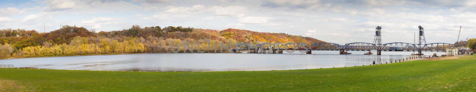 Panorama of Stillwater Lift Bridge over the St. Croix River Separating Minnesota and Wisconsin
