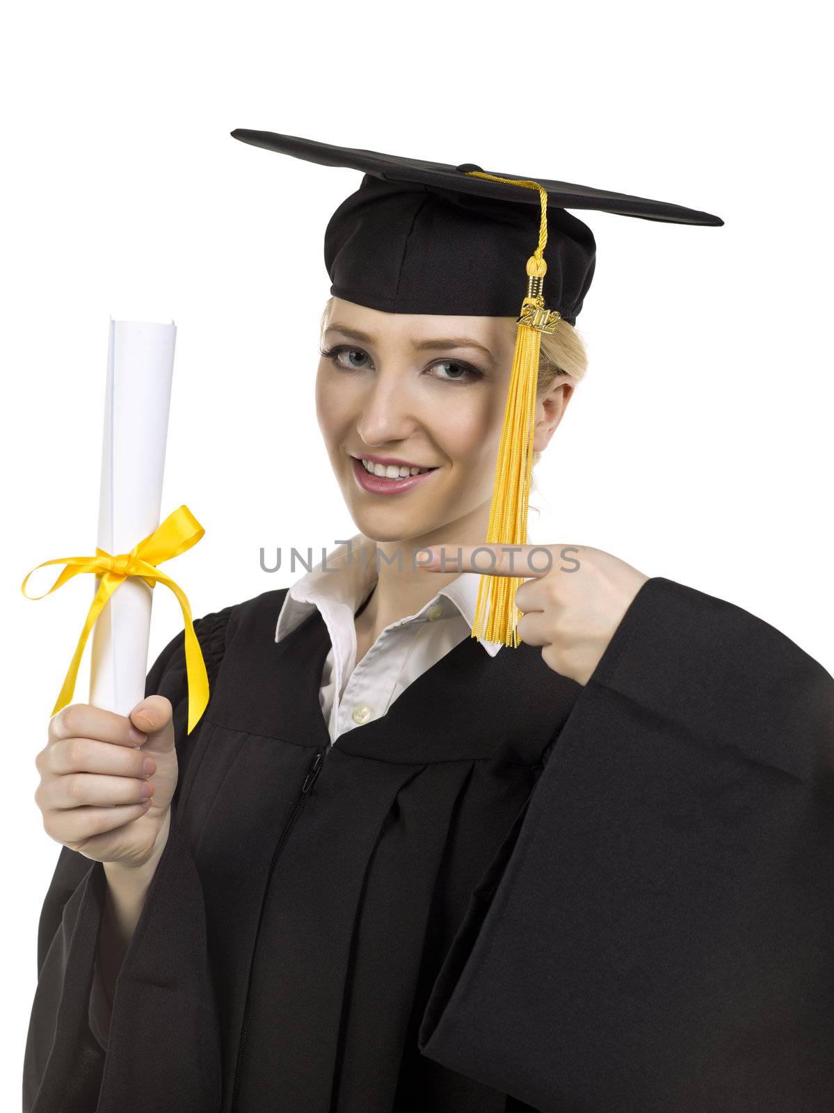 Close-up image of a graduating female pointing her diploma isolated on a white surface 