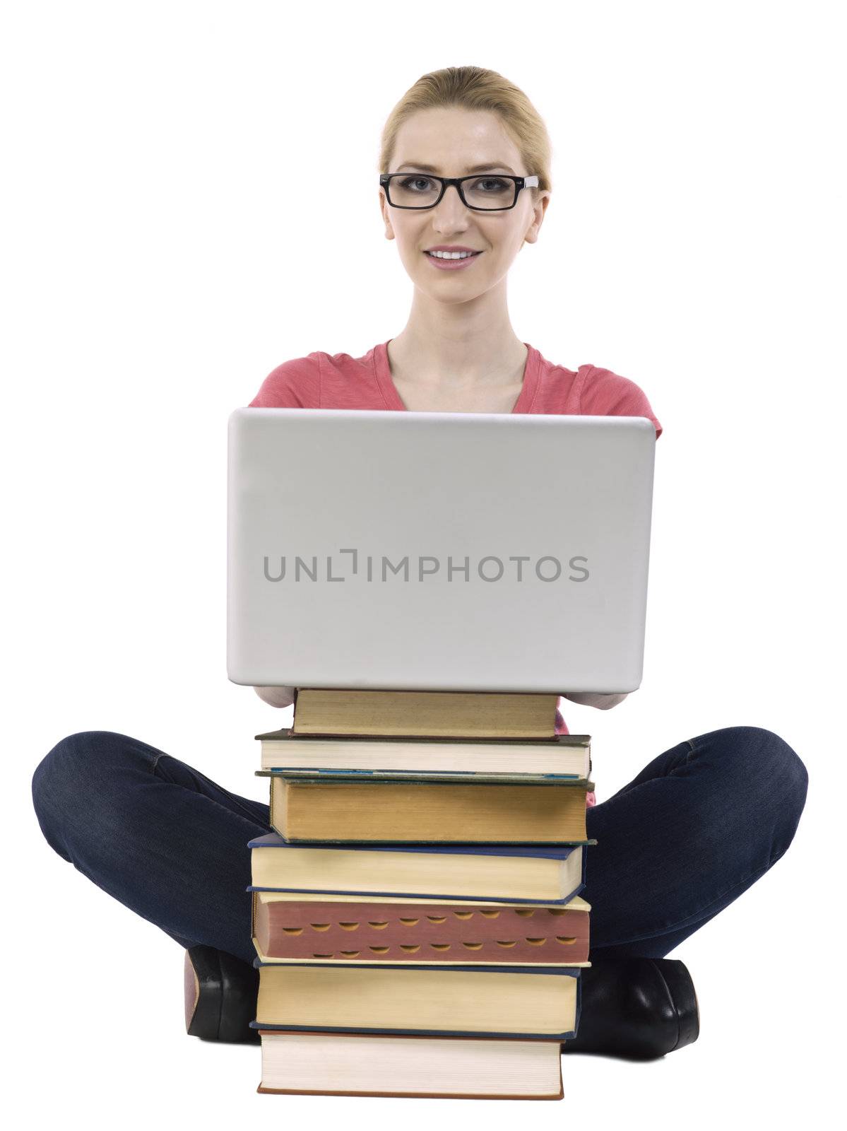 Image of female student using a laptop against white background