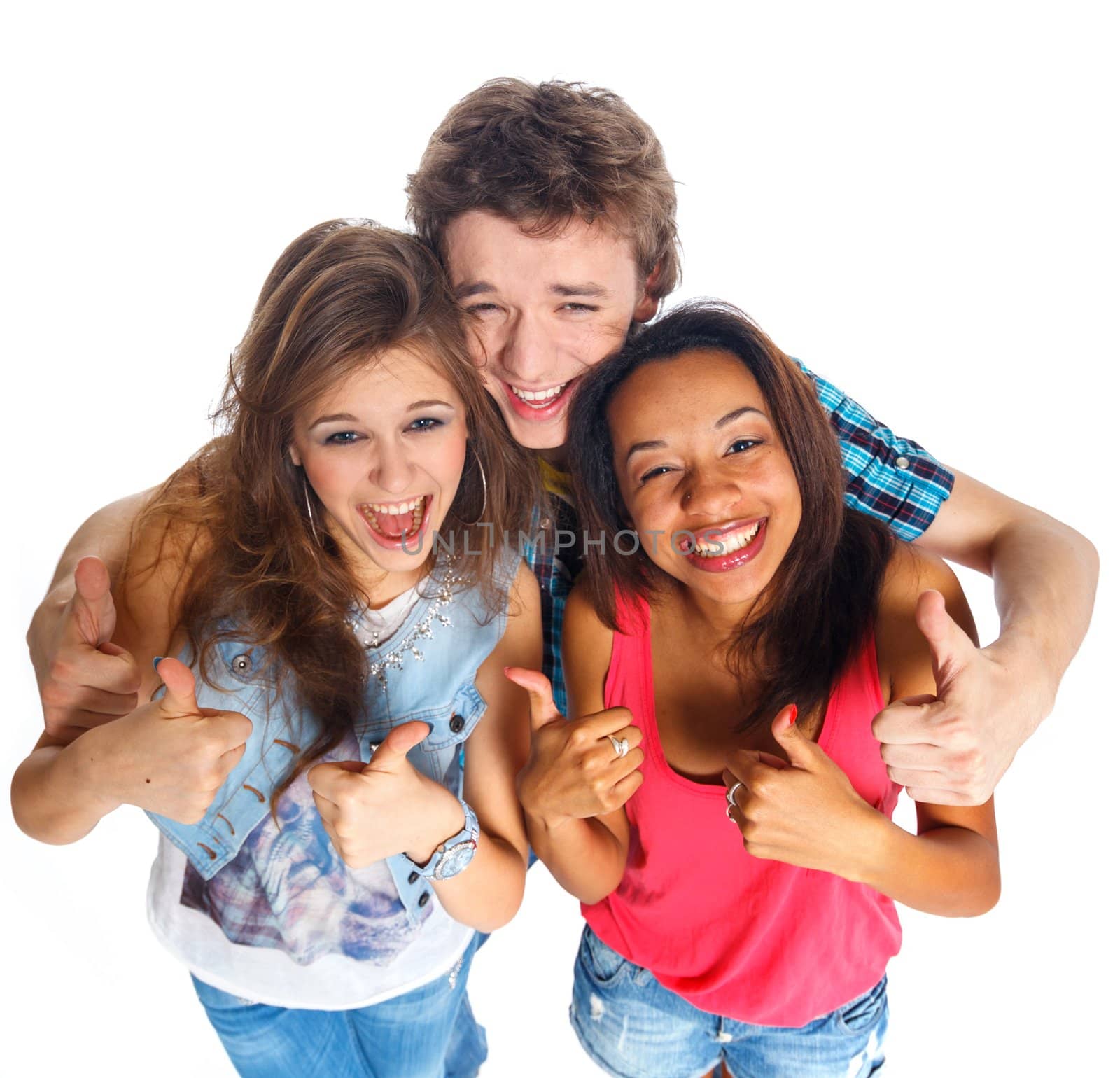 Clouse up portrait of three young teenagers laughing. Isolated on white background.