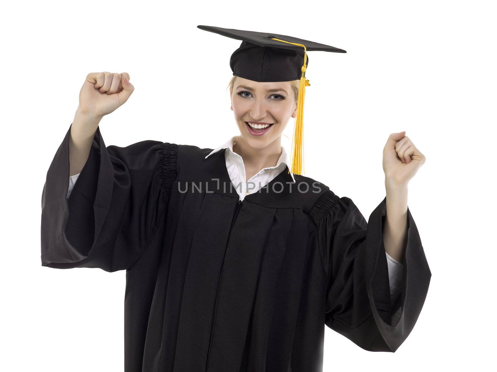 Portrait of happy graduated female student against white background