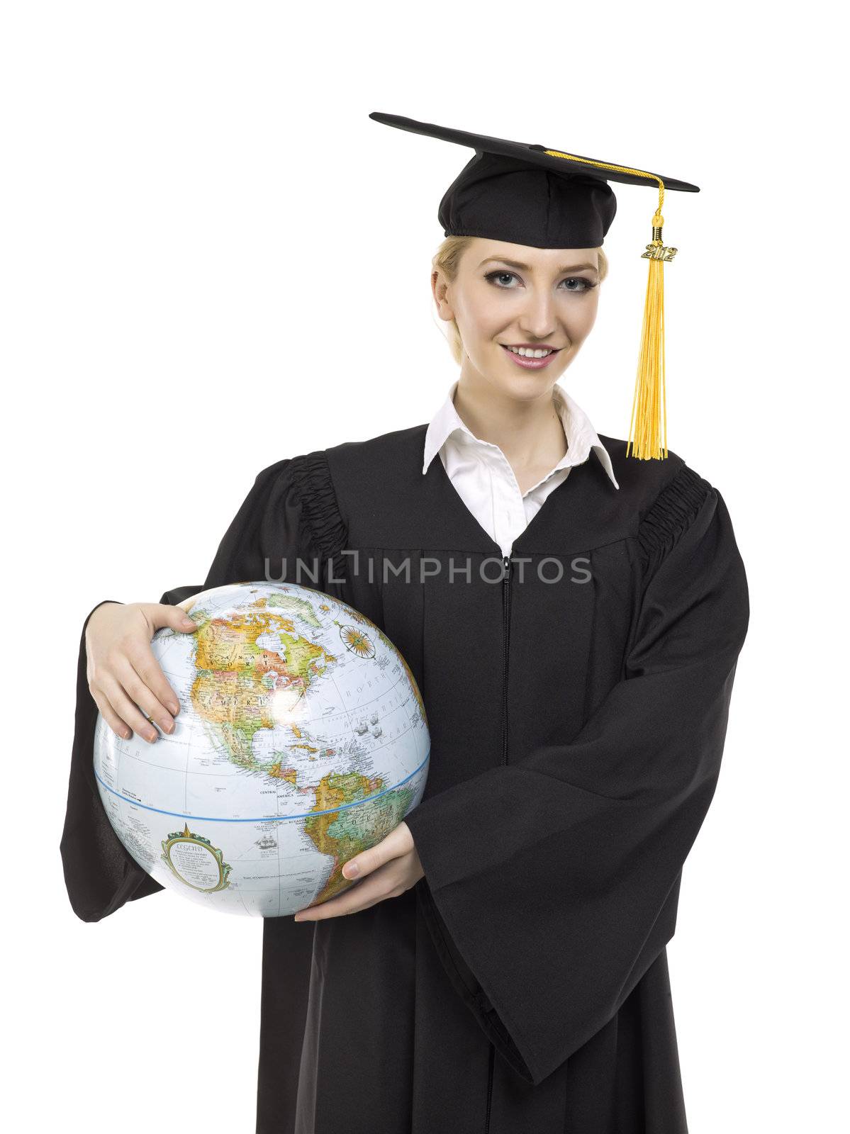 Female graduate holding a globe