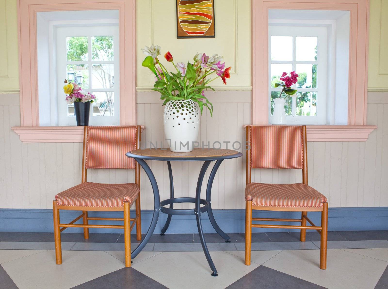 Classic interior with two chair and white window
