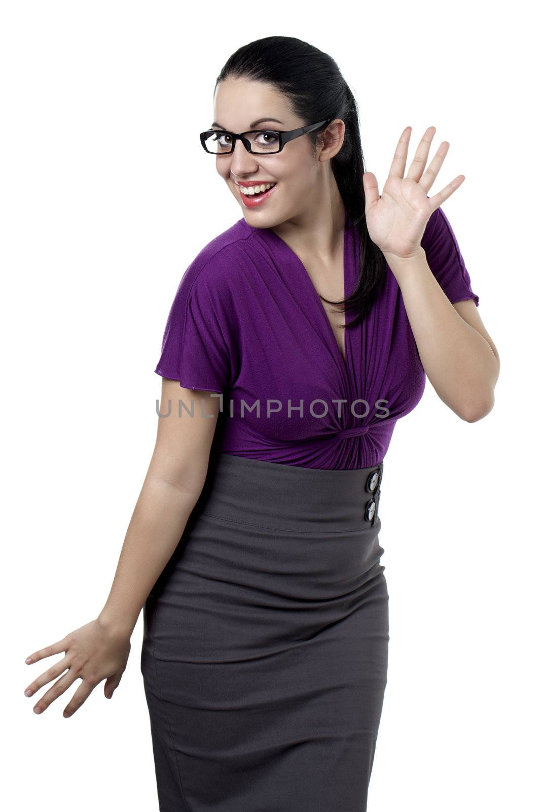 Friendly woman waving over a white background