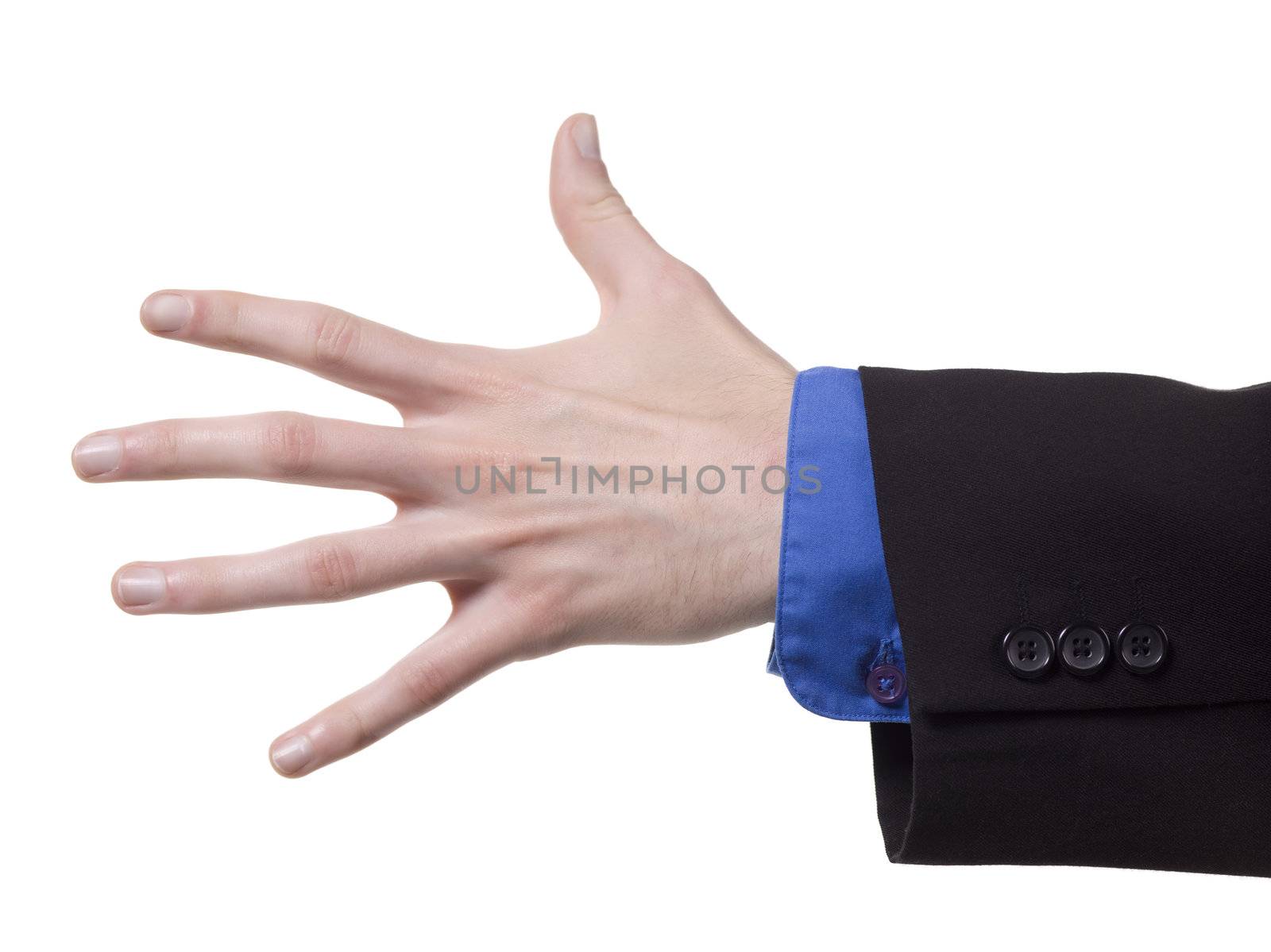 Close up image of businessman hand against white background 