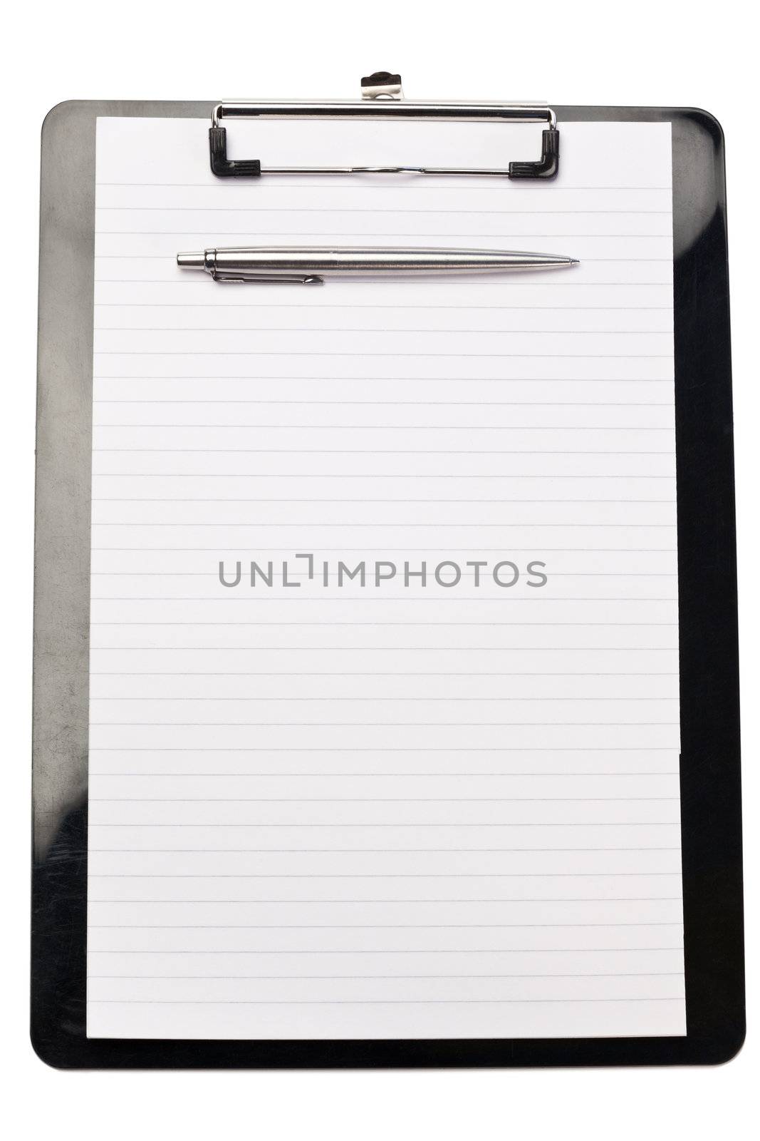 Pen on the top of note pad on a white background