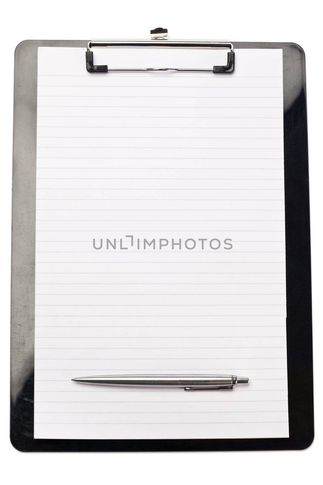 Pen at the bottom of note pad on a white background