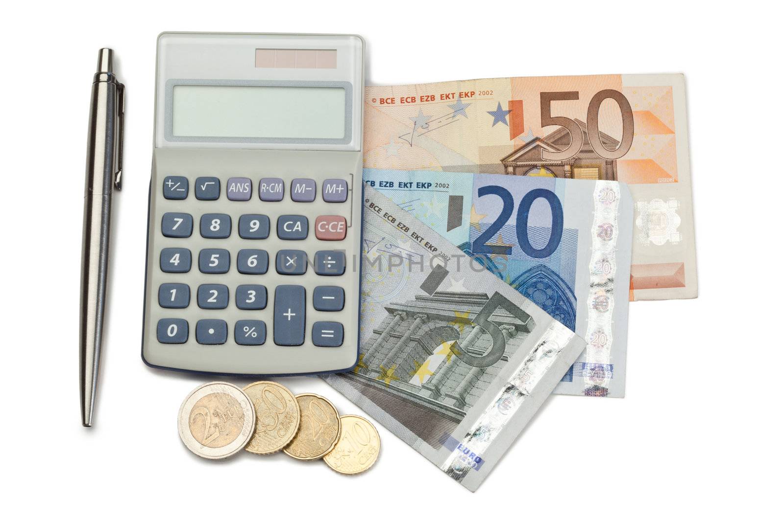 Cash and coins with pen and pocket calculator on a white background