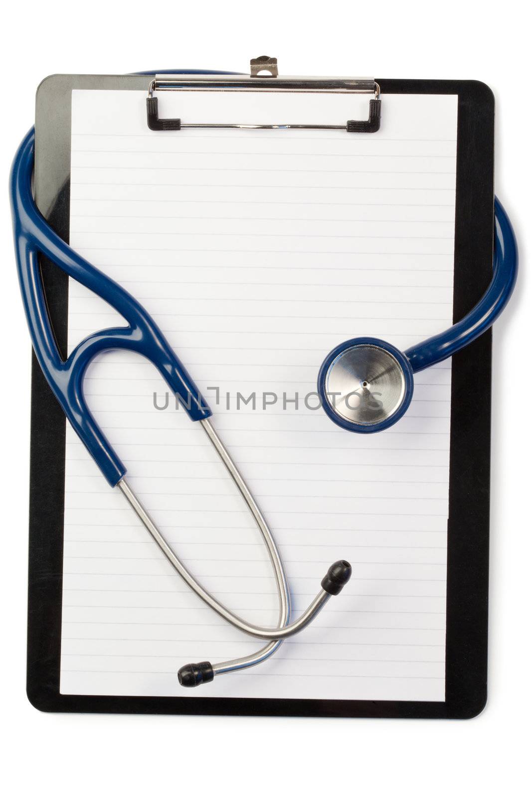 Note pad and blue stethoscope on a white background