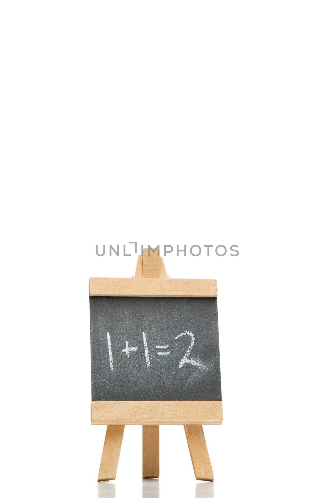 Chalkboard with an addition and a result written on it isolated against a white background