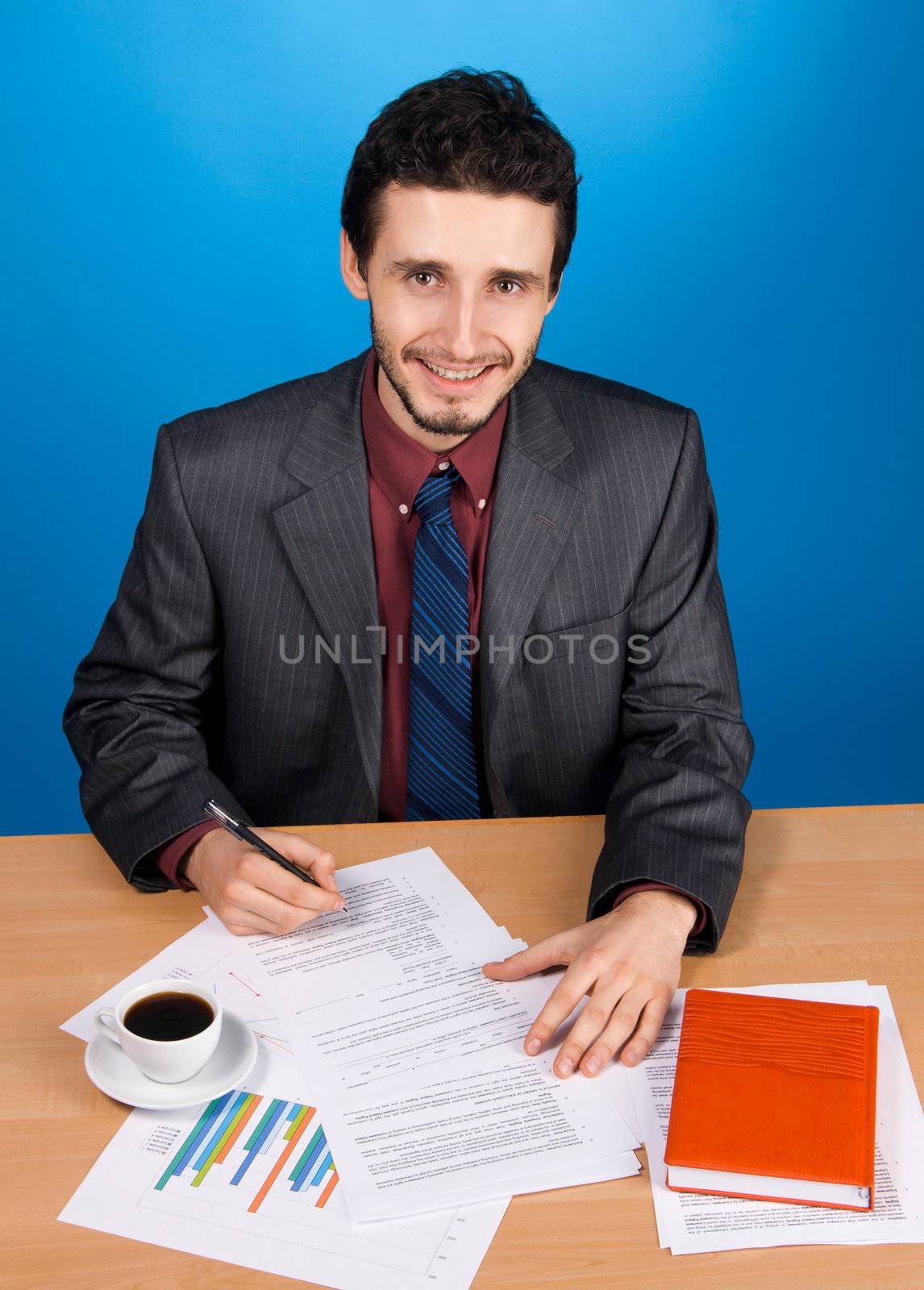Young handsome businessman working with documents by Gdolgikh