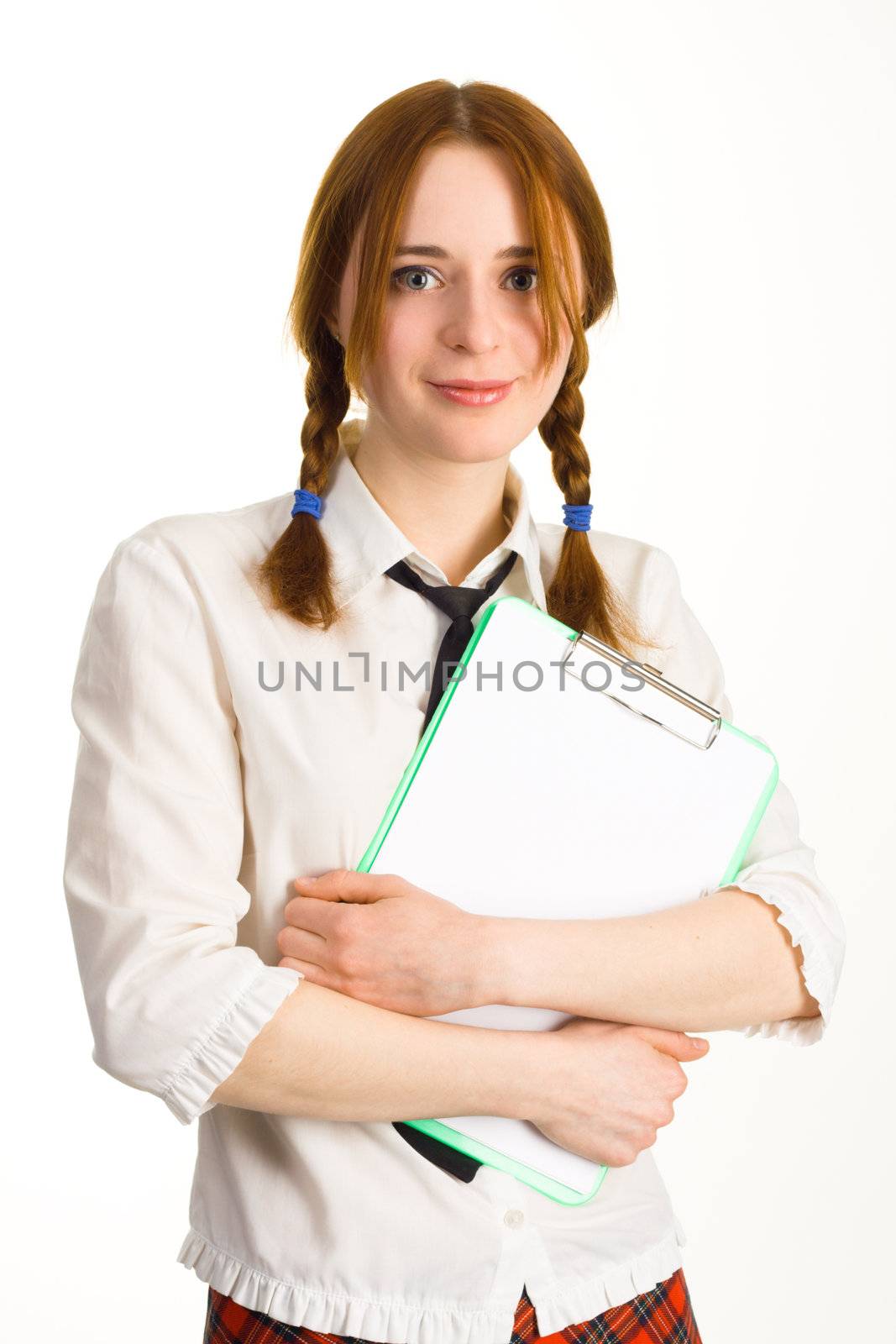 Cute girl with a worksheet on white background