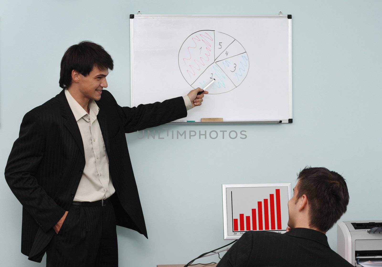Two buisnessmen discussing the growth diagram on a meeting