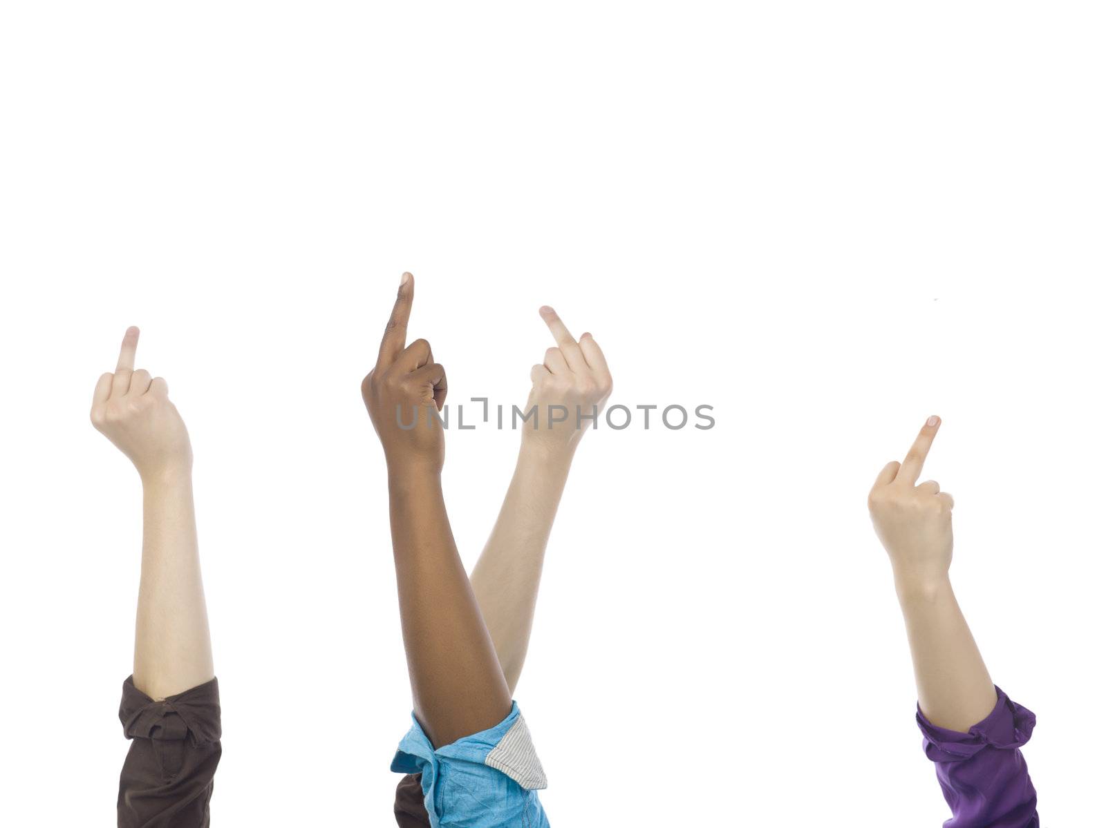 Diverse group of people raising their middle finger