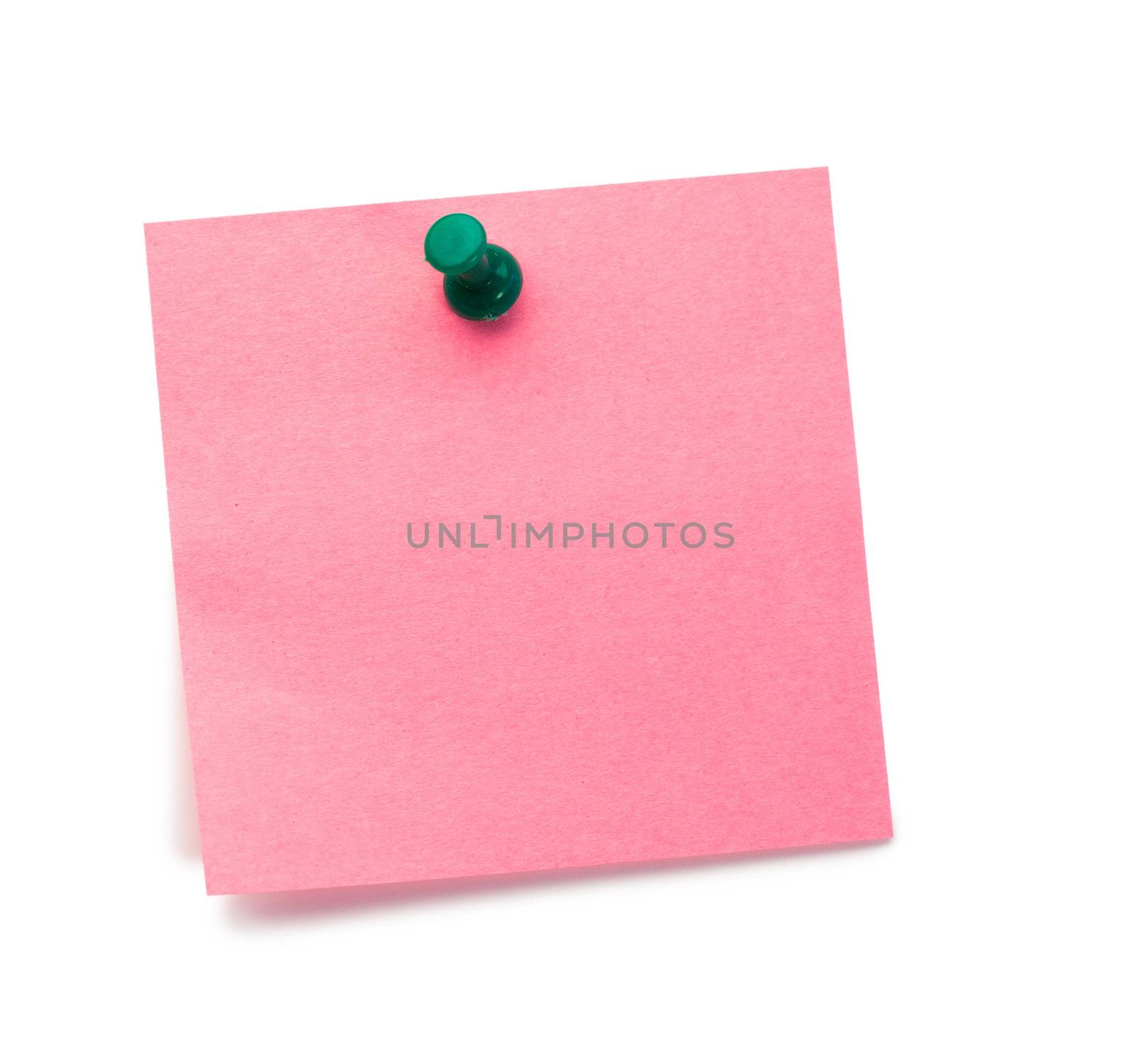 Pink post-it with drawing pin on a white background
