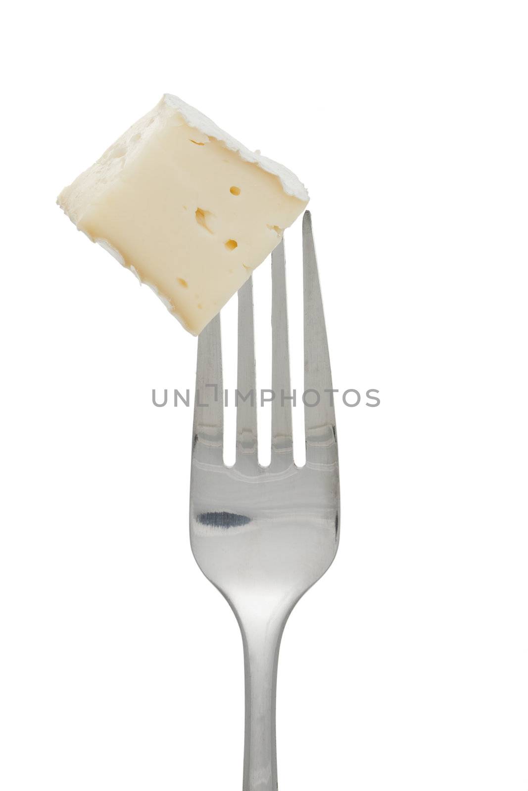 Close-up image of a stainless fork with slice cheese isolated on a white surface