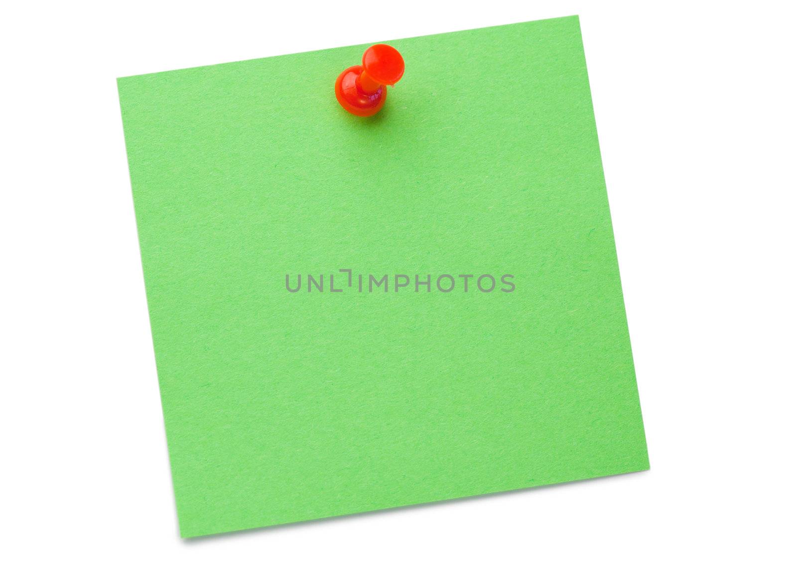 Green post-it with drawing pin on a white background