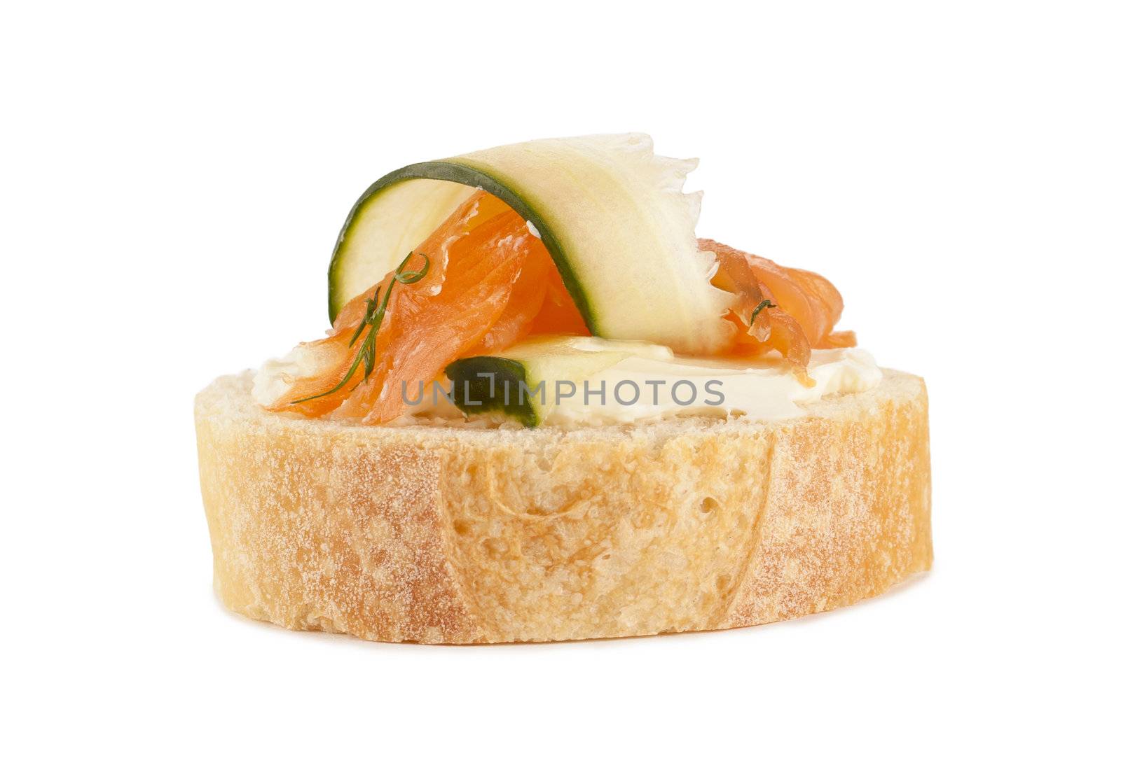 Close up image of bread with smoked salmon against white background 