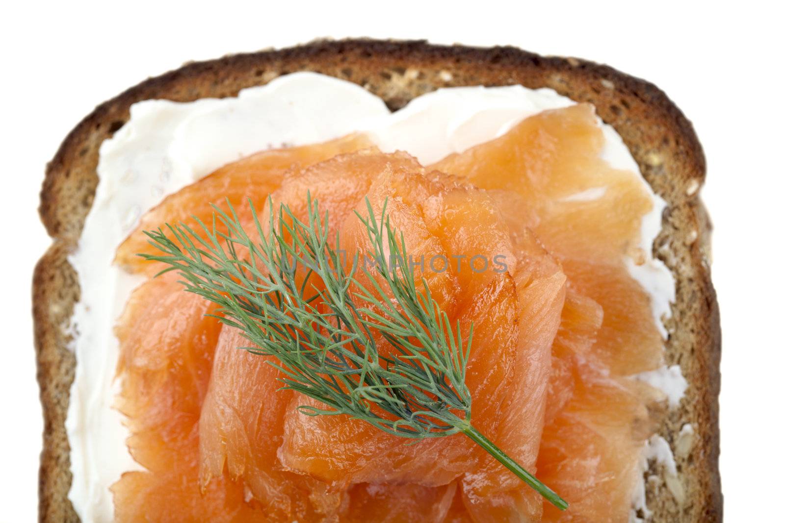 A healthy smoked salmon on a whole wheat bread with sour cream and blini on the top