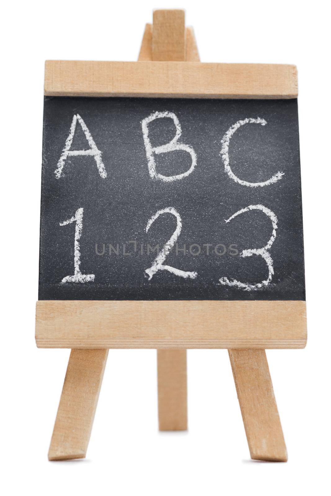 Chalkboard with the letters ABC and the figures 123 written on it isolated against a white background