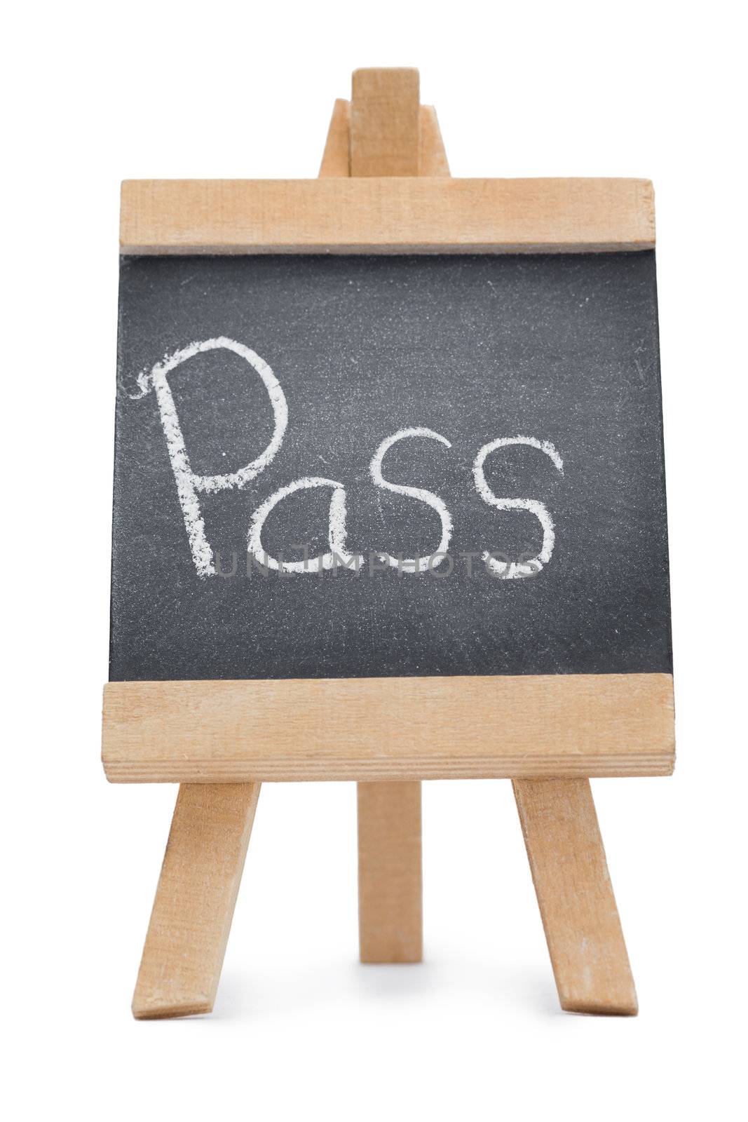 Chalkboard with the word pass written on it isolated against a white background