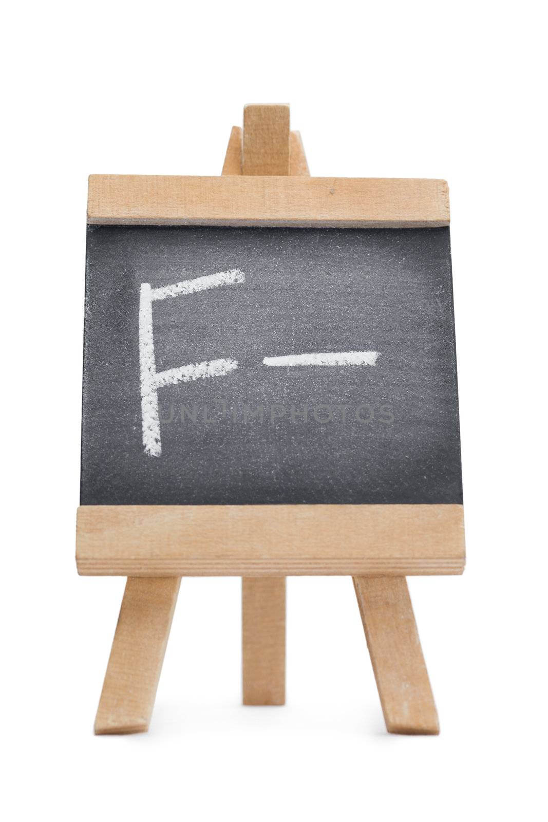 Chalkboard with the letter f and the symbol - written on it isolated against a white background